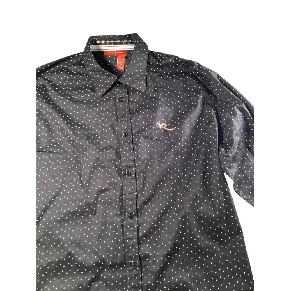 Rocawear Men's XL Black Button Up Shirt White Dot Pattern Long Sleeve